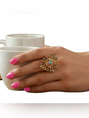 BOUTIQUE Heart Gold Pink Blue Gold Stretch Size 6-8 Statement Ring
